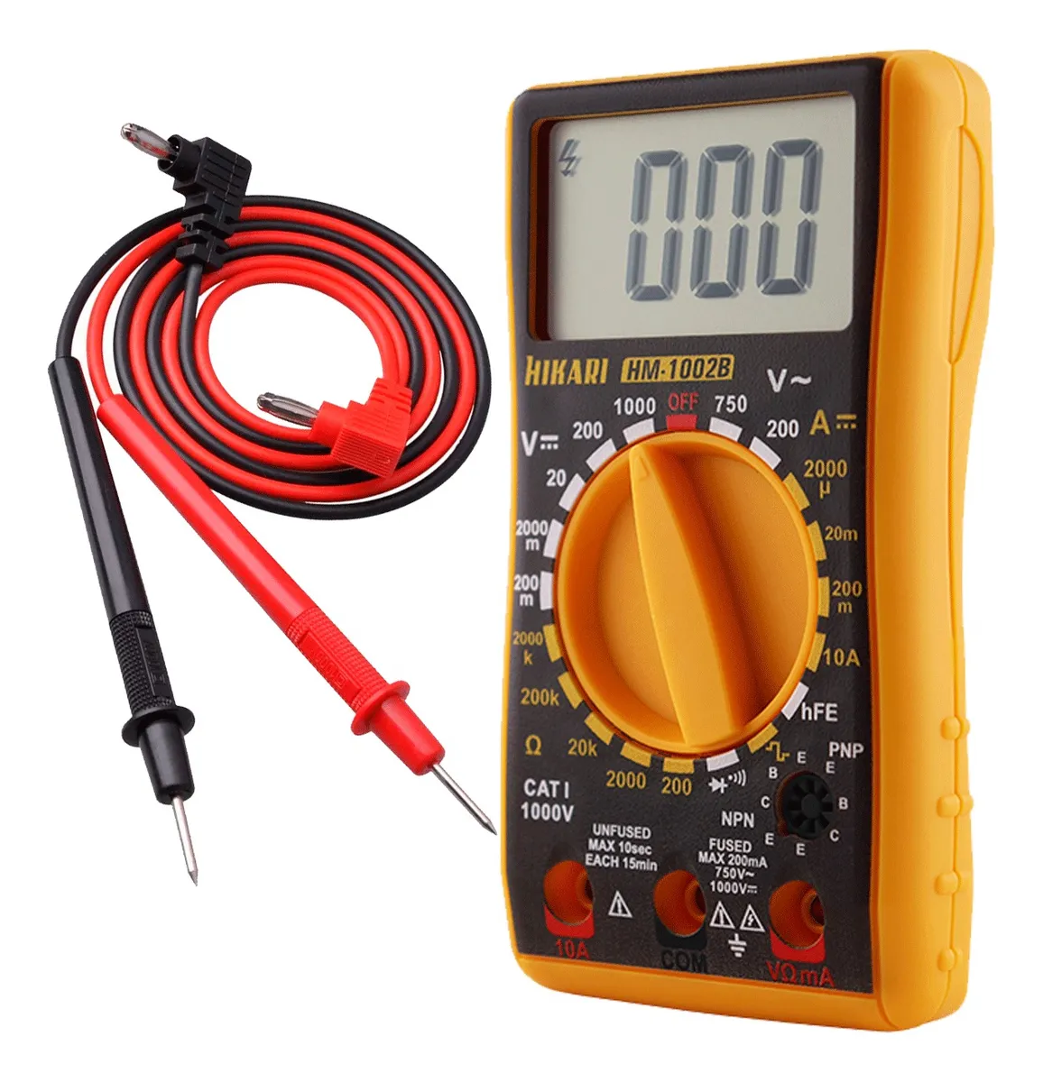 multimetro amarelo marca Hikari com escala até 1000v