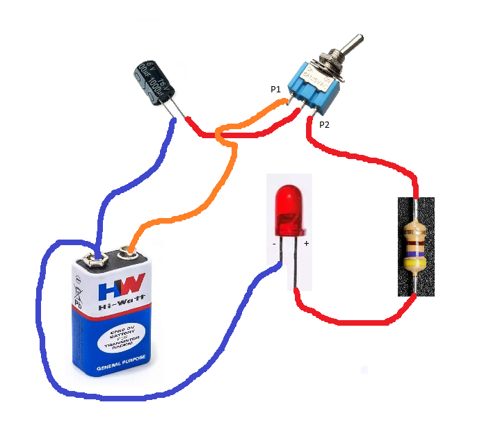 Circuito Montado com bateira 9V reistor 470R led e chave