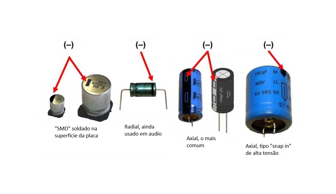 varios capacitores eletroliticos com suas polaridades
