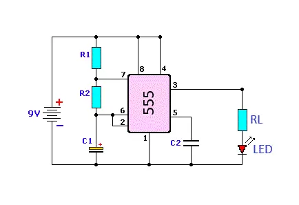 Esquema do circuito com CI 555 e LED