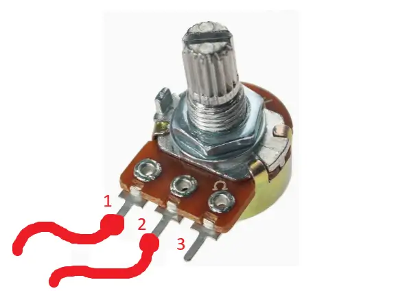 Imagem demonstrando a ligação de um potenciometro de forma que funcione como um resistor crescente