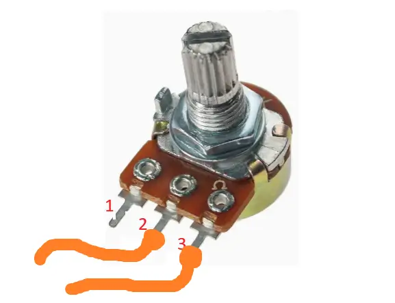 Imagem demonstrando a ligação de um potenciometro de forma que funcione como um resistor decrescente